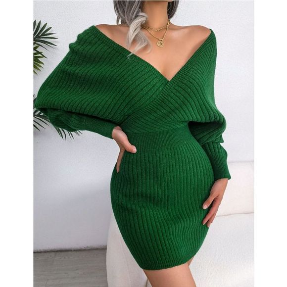 Green Rib-Knit Sweater Dress - Picture 2 of 8
